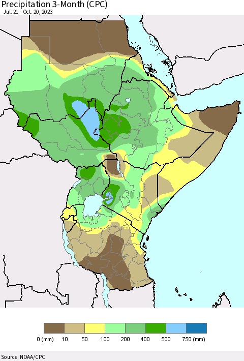 Eastern Africa Precipitation 3-Month (CPC) Thematic Map For 7/21/2023 - 10/20/2023