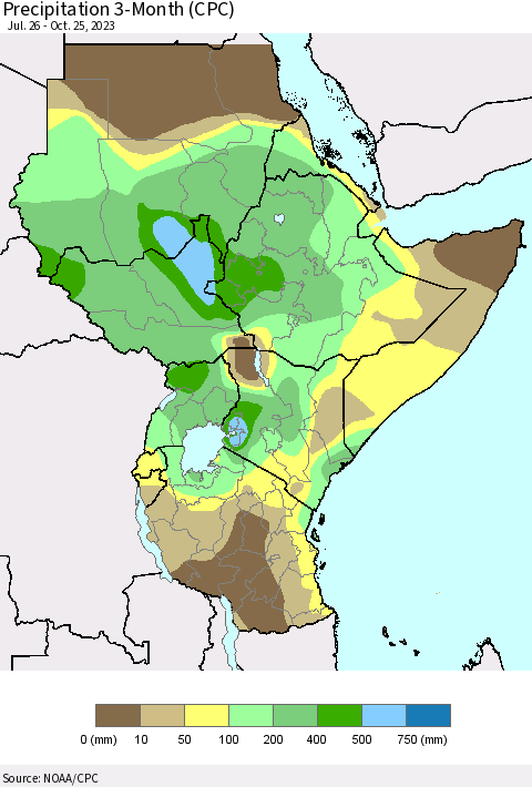 Eastern Africa Precipitation 3-Month (CPC) Thematic Map For 7/26/2023 - 10/25/2023