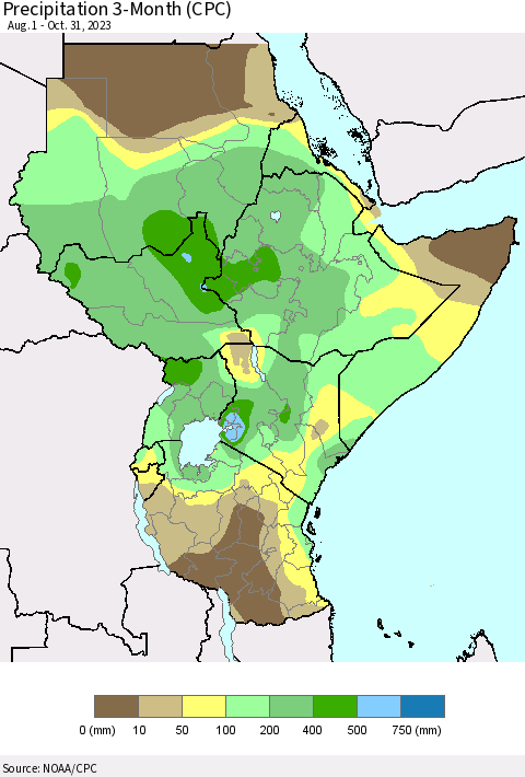 Eastern Africa Precipitation 3-Month (CPC) Thematic Map For 8/1/2023 - 10/31/2023