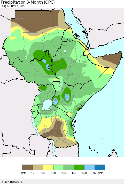 Eastern Africa Precipitation 3-Month (CPC) Thematic Map For 8/6/2023 - 11/5/2023
