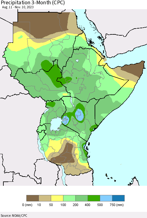 Eastern Africa Precipitation 3-Month (CPC) Thematic Map For 8/11/2023 - 11/10/2023