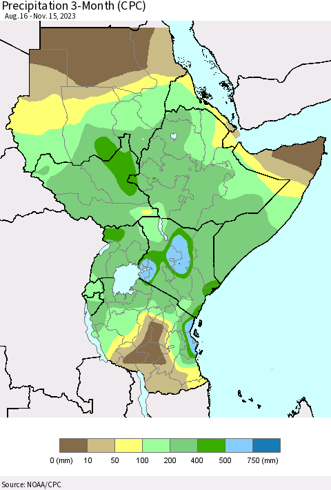 Eastern Africa Precipitation 3-Month (CPC) Thematic Map For 8/16/2023 - 11/15/2023