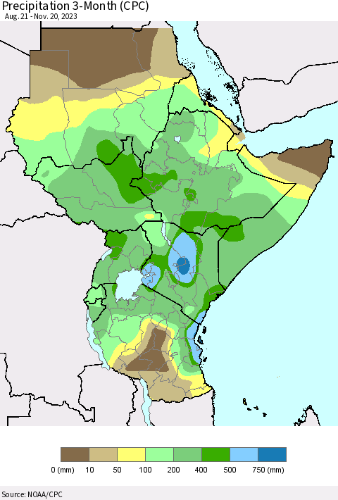 Eastern Africa Precipitation 3-Month (CPC) Thematic Map For 8/21/2023 - 11/20/2023