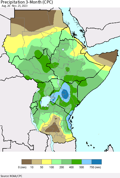 Eastern Africa Precipitation 3-Month (CPC) Thematic Map For 8/26/2023 - 11/25/2023