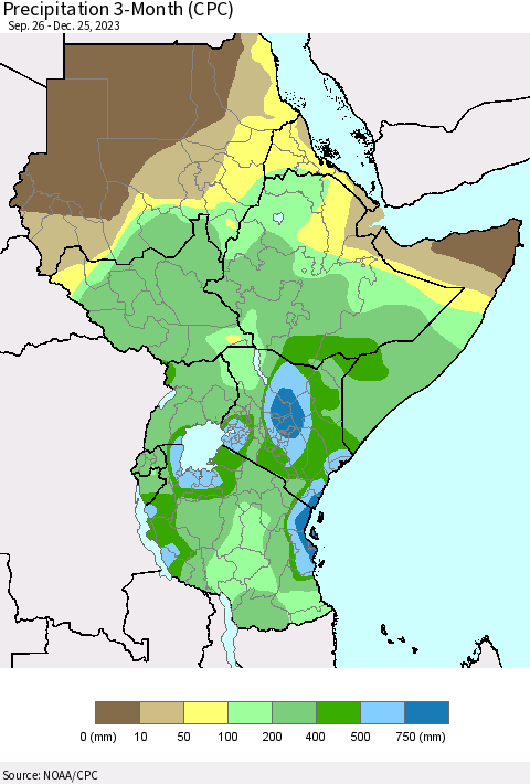 Eastern Africa Precipitation 3-Month (CPC) Thematic Map For 9/26/2023 - 12/25/2023
