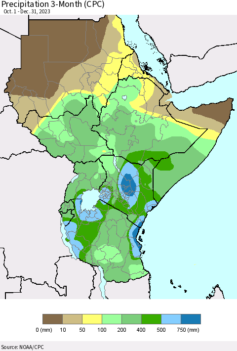 Eastern Africa Precipitation 3-Month (CPC) Thematic Map For 10/1/2023 - 12/31/2023
