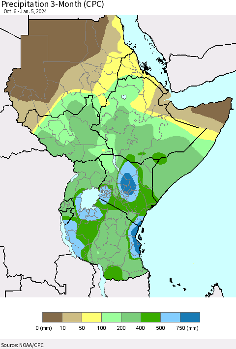 Eastern Africa Precipitation 3-Month (CPC) Thematic Map For 10/6/2023 - 1/5/2024