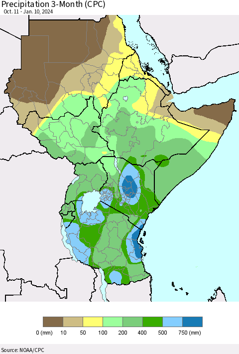 Eastern Africa Precipitation 3-Month (CPC) Thematic Map For 10/11/2023 - 1/10/2024