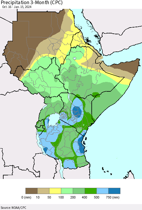 Eastern Africa Precipitation 3-Month (CPC) Thematic Map For 10/16/2023 - 1/15/2024