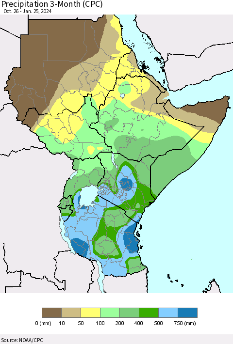 Eastern Africa Precipitation 3-Month (CPC) Thematic Map For 10/26/2023 - 1/25/2024