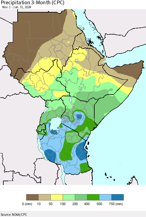 Eastern Africa Precipitation 3-Month (CPC) Thematic Map For 11/1/2023 - 1/31/2024