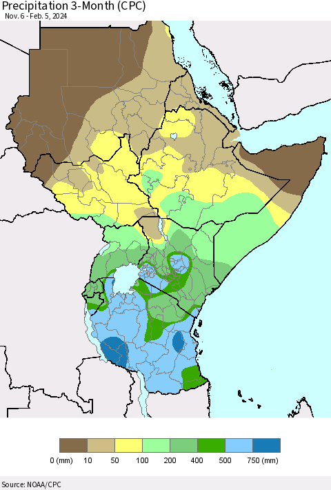 Eastern Africa Precipitation 3-Month (CPC) Thematic Map For 11/6/2023 - 2/5/2024