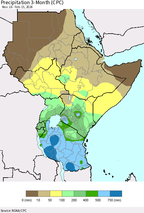 Eastern Africa Precipitation 3-Month (CPC) Thematic Map For 11/16/2023 - 2/15/2024