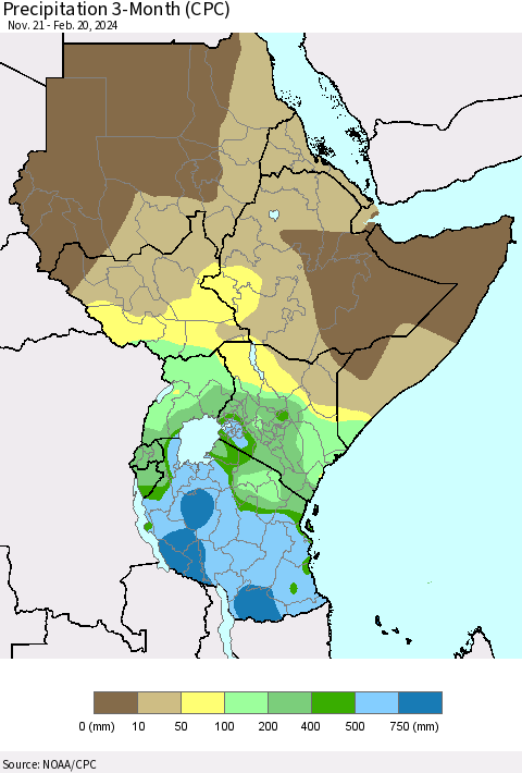 Eastern Africa Precipitation 3-Month (CPC) Thematic Map For 11/21/2023 - 2/20/2024