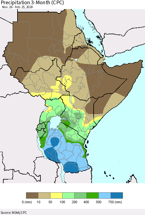 Eastern Africa Precipitation 3-Month (CPC) Thematic Map For 11/26/2023 - 2/25/2024