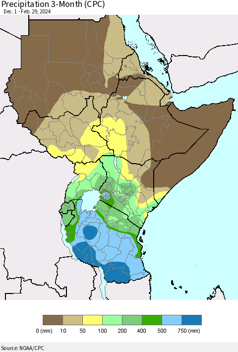 Eastern Africa Precipitation 3-Month (CPC) Thematic Map For 12/1/2023 - 2/29/2024