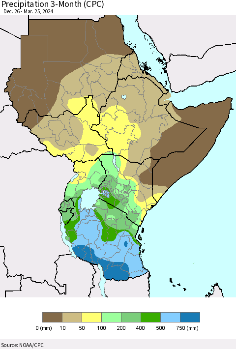 Eastern Africa Precipitation 3-Month (CPC) Thematic Map For 12/26/2023 - 3/25/2024