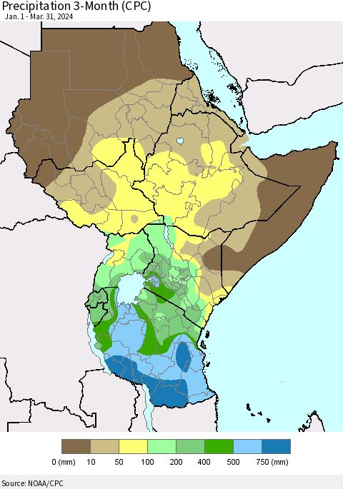 Eastern Africa Precipitation 3-Month (CPC) Thematic Map For 1/1/2024 - 3/31/2024