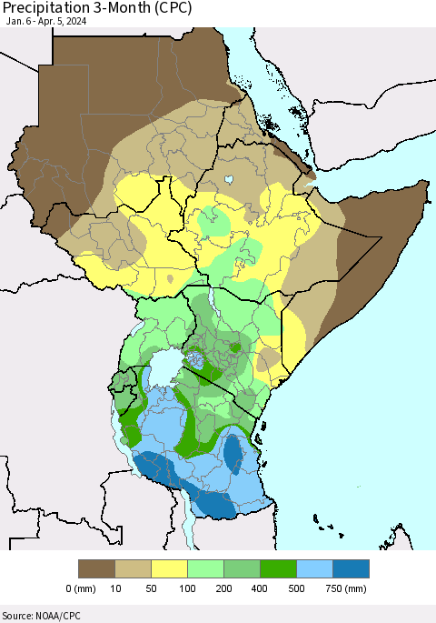 Eastern Africa Precipitation 3-Month (CPC) Thematic Map For 1/6/2024 - 4/5/2024