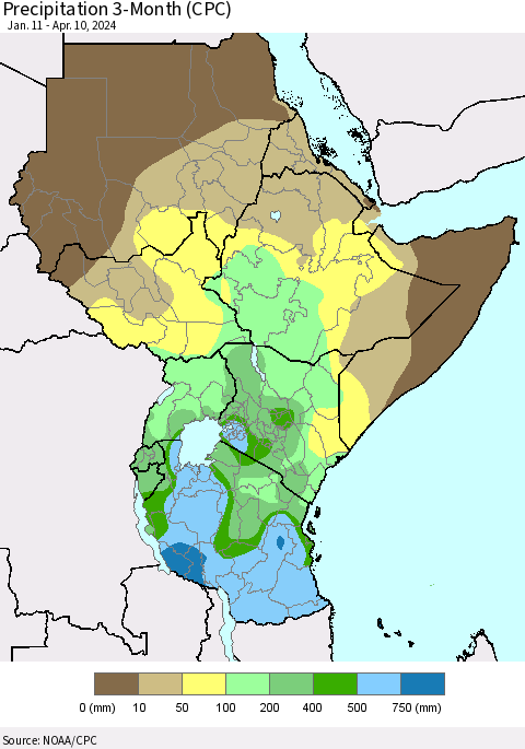 Eastern Africa Precipitation 3-Month (CPC) Thematic Map For 1/11/2024 - 4/10/2024