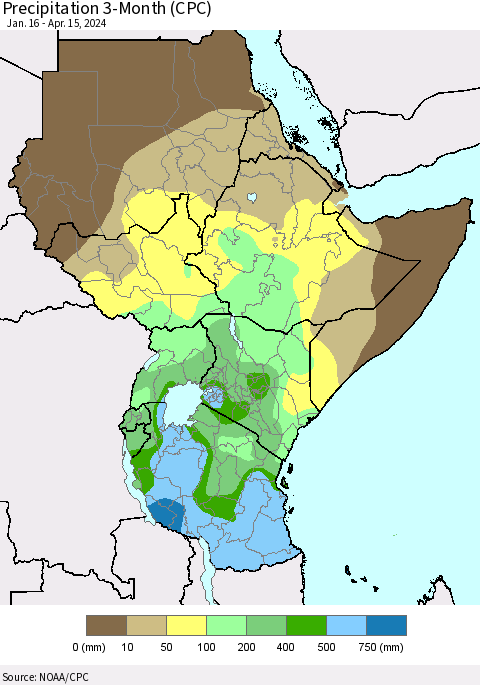 Eastern Africa Precipitation 3-Month (CPC) Thematic Map For 1/16/2024 - 4/15/2024