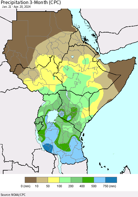 Eastern Africa Precipitation 3-Month (CPC) Thematic Map For 1/21/2024 - 4/20/2024