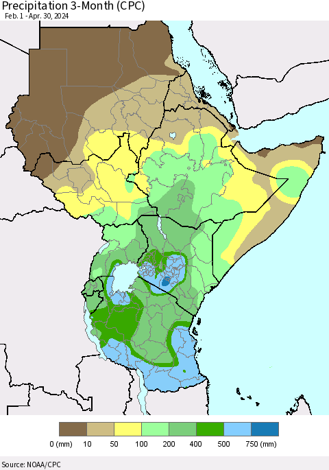 Eastern Africa Precipitation 3-Month (CPC) Thematic Map For 2/1/2024 - 4/30/2024