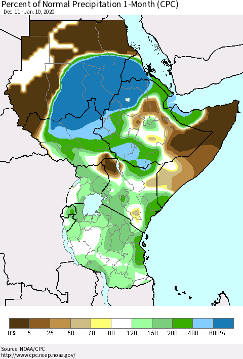 Eastern Africa Percent of Normal Precipitation 1-Month (CPC) Thematic Map For 12/11/2019 - 1/10/2020