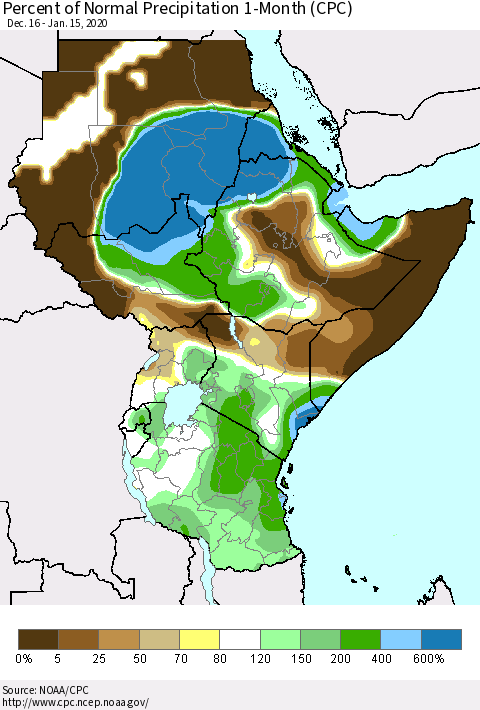 Eastern Africa Percent of Normal Precipitation 1-Month (CPC) Thematic Map For 12/16/2019 - 1/15/2020