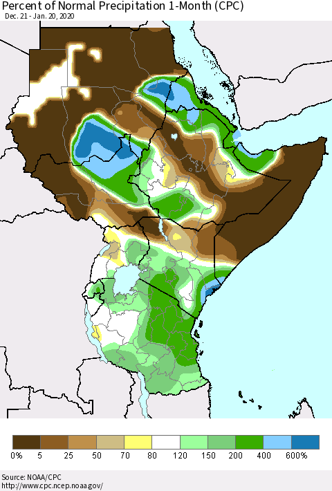 Eastern Africa Percent of Normal Precipitation 1-Month (CPC) Thematic Map For 12/21/2019 - 1/20/2020