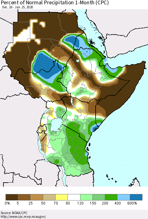 Eastern Africa Percent of Normal Precipitation 1-Month (CPC) Thematic Map For 12/26/2019 - 1/25/2020