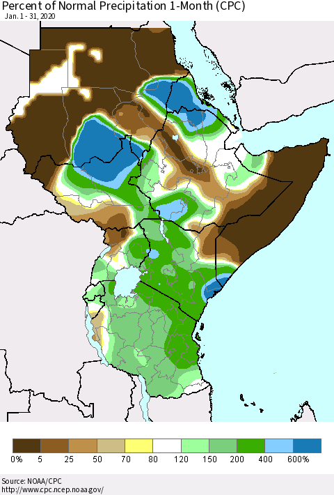 Eastern Africa Percent of Normal Precipitation 1-Month (CPC) Thematic Map For 1/1/2020 - 1/31/2020
