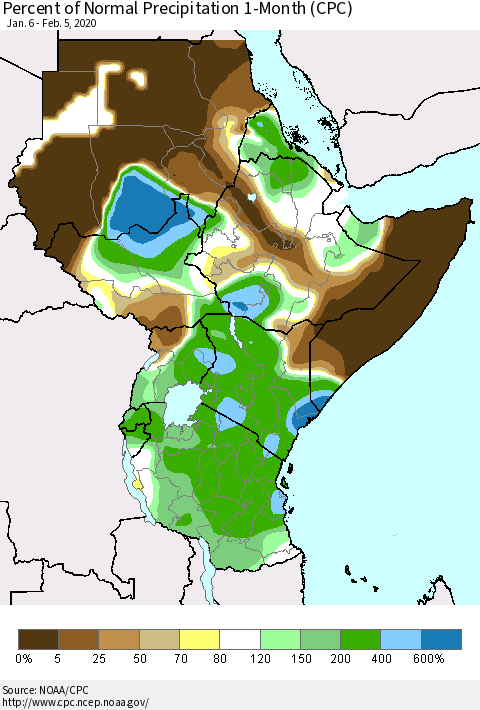 Eastern Africa Percent of Normal Precipitation 1-Month (CPC) Thematic Map For 1/6/2020 - 2/5/2020