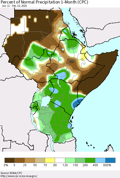 Eastern Africa Percent of Normal Precipitation 1-Month (CPC) Thematic Map For 1/11/2020 - 2/10/2020