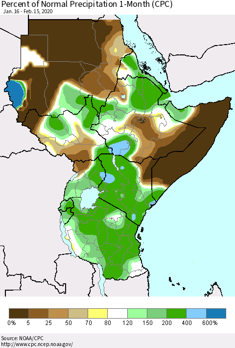 Eastern Africa Percent of Normal Precipitation 1-Month (CPC) Thematic Map For 1/16/2020 - 2/15/2020