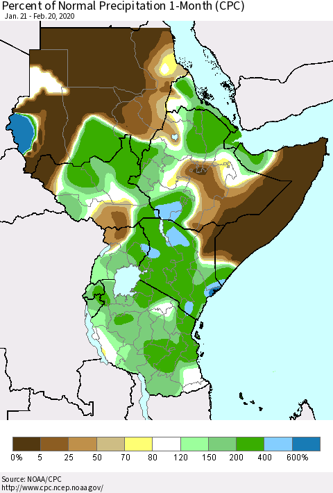 Eastern Africa Percent of Normal Precipitation 1-Month (CPC) Thematic Map For 1/21/2020 - 2/20/2020