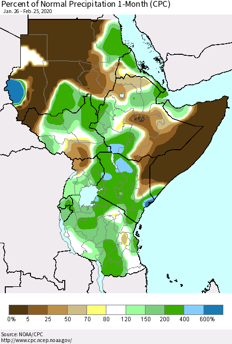 Eastern Africa Percent of Normal Precipitation 1-Month (CPC) Thematic Map For 1/26/2020 - 2/25/2020