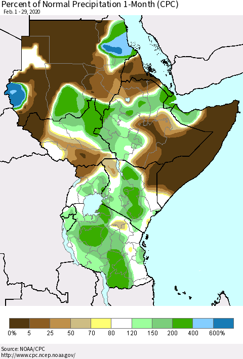 Eastern Africa Percent of Normal Precipitation 1-Month (CPC) Thematic Map For 2/1/2020 - 2/29/2020