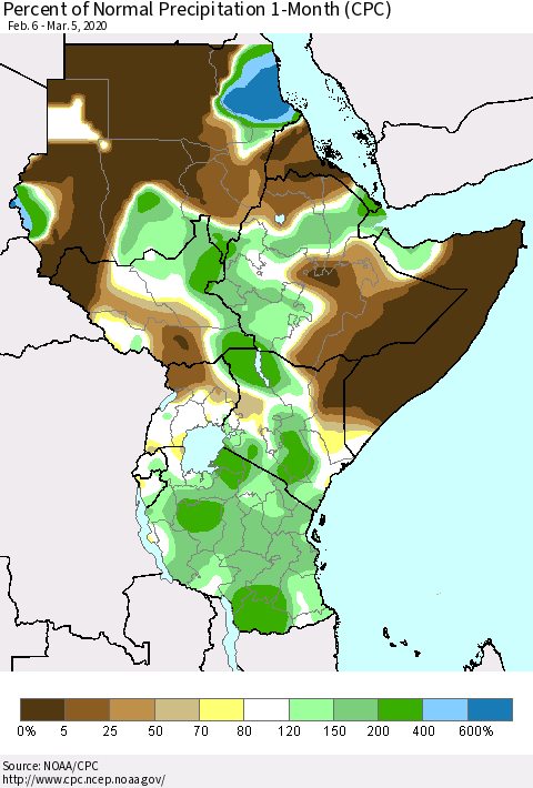 Eastern Africa Percent of Normal Precipitation 1-Month (CPC) Thematic Map For 2/6/2020 - 3/5/2020