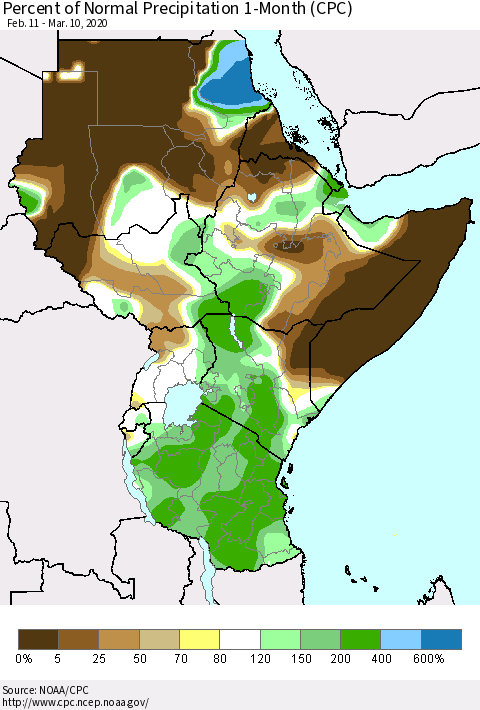 Eastern Africa Percent of Normal Precipitation 1-Month (CPC) Thematic Map For 2/11/2020 - 3/10/2020