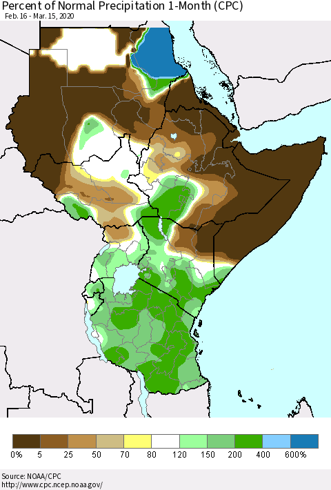 Eastern Africa Percent of Normal Precipitation 1-Month (CPC) Thematic Map For 2/16/2020 - 3/15/2020
