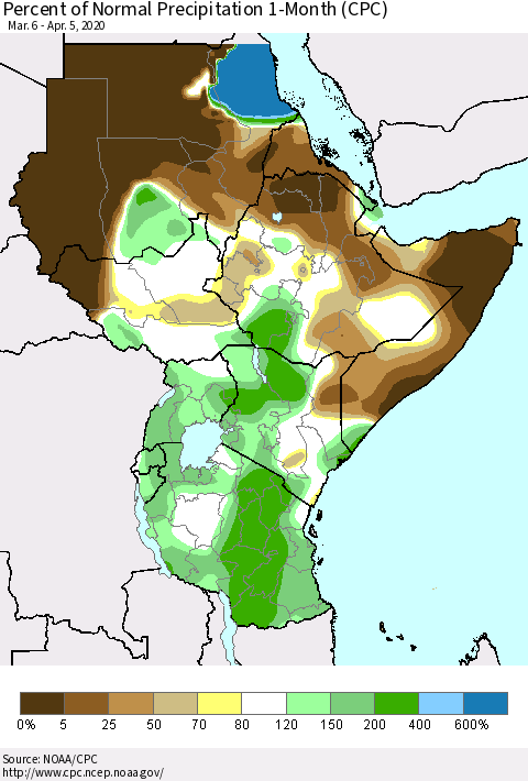 Eastern Africa Percent of Normal Precipitation 1-Month (CPC) Thematic Map For 3/6/2020 - 4/5/2020