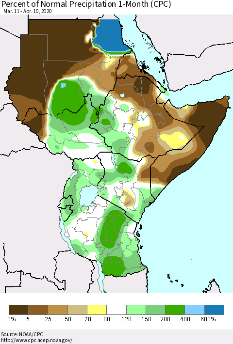 Eastern Africa Percent of Normal Precipitation 1-Month (CPC) Thematic Map For 3/11/2020 - 4/10/2020