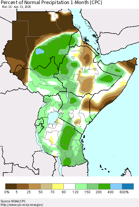 Eastern Africa Percent of Normal Precipitation 1-Month (CPC) Thematic Map For 3/16/2020 - 4/15/2020