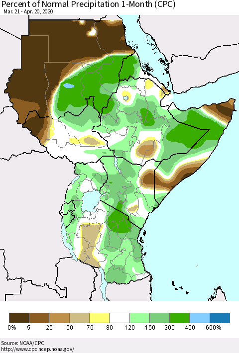 Eastern Africa Percent of Normal Precipitation 1-Month (CPC) Thematic Map For 3/21/2020 - 4/20/2020