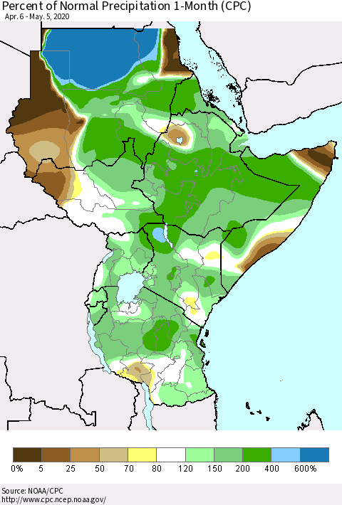 Eastern Africa Percent of Normal Precipitation 1-Month (CPC) Thematic Map For 4/6/2020 - 5/5/2020