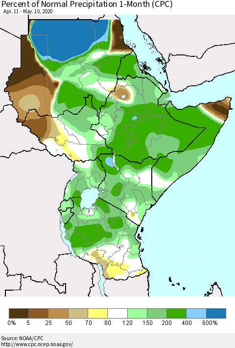Eastern Africa Percent of Normal Precipitation 1-Month (CPC) Thematic Map For 4/11/2020 - 5/10/2020