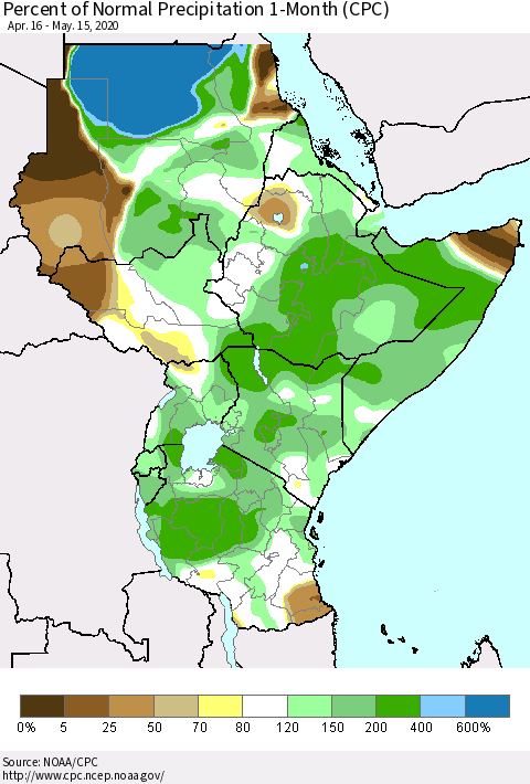Eastern Africa Percent of Normal Precipitation 1-Month (CPC) Thematic Map For 4/16/2020 - 5/15/2020