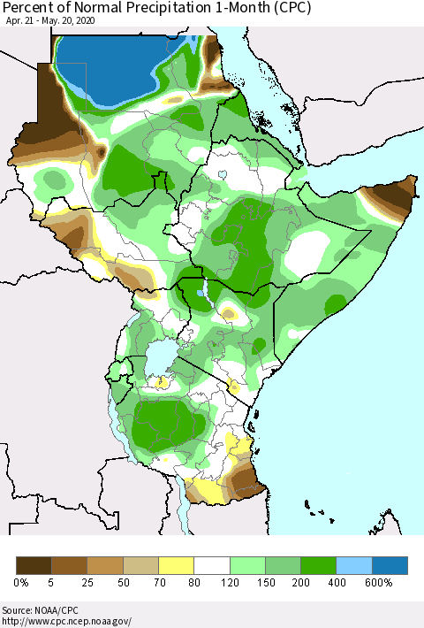 Eastern Africa Percent of Normal Precipitation 1-Month (CPC) Thematic Map For 4/21/2020 - 5/20/2020