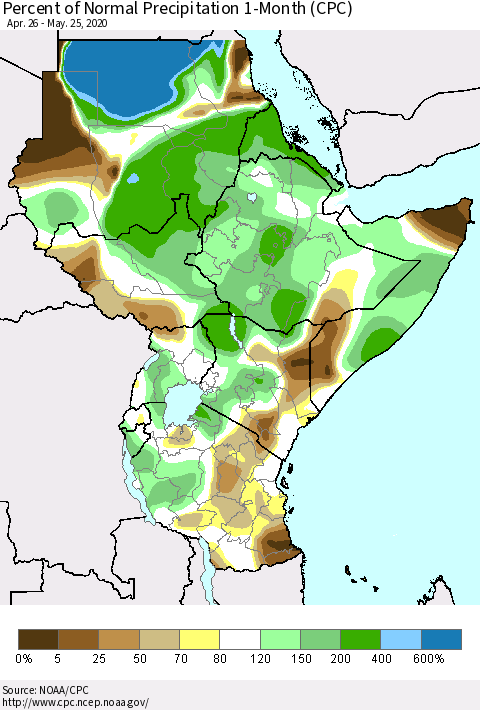 Eastern Africa Percent of Normal Precipitation 1-Month (CPC) Thematic Map For 4/26/2020 - 5/25/2020